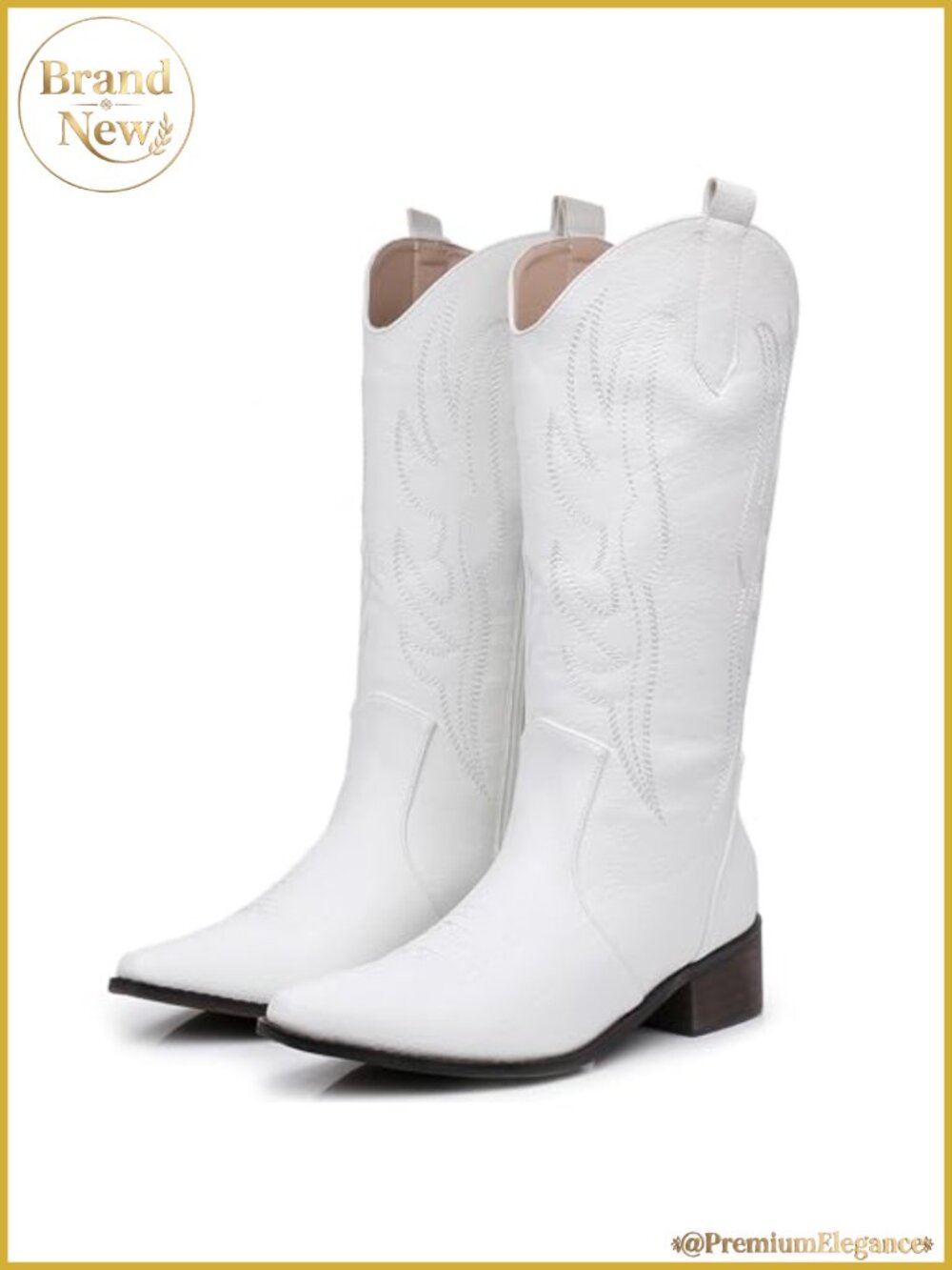 Cowboy Boots Women Embroidered Mid-Calf Side Zipper Chunky Heel Faux Leather